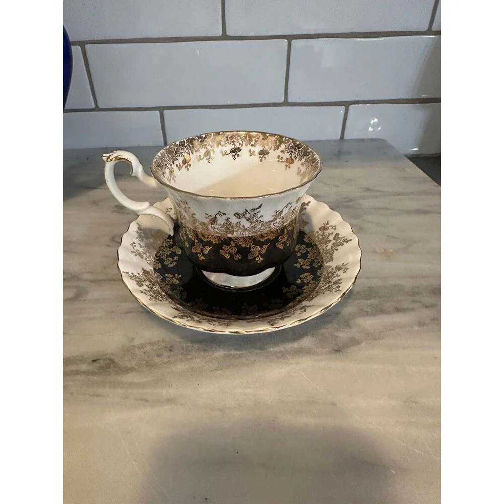 ROYAL ALBERT “Regal Series” Black White & Gold Bone China Footed Cup And Saucer